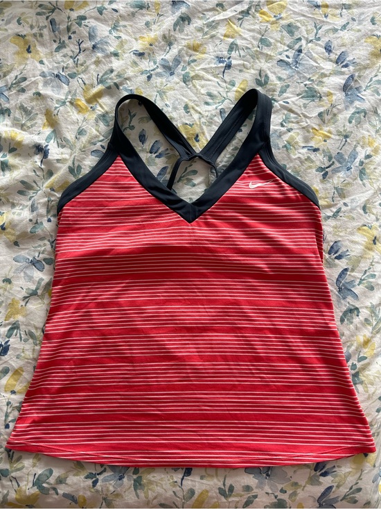 Nike Tops - Nike Red and White Striped Racerback Tank with Navy Blue Trim